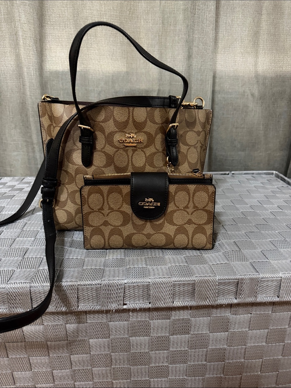 Coach Brown Signature Canvas Tote with Black Trim and Matching Wallet